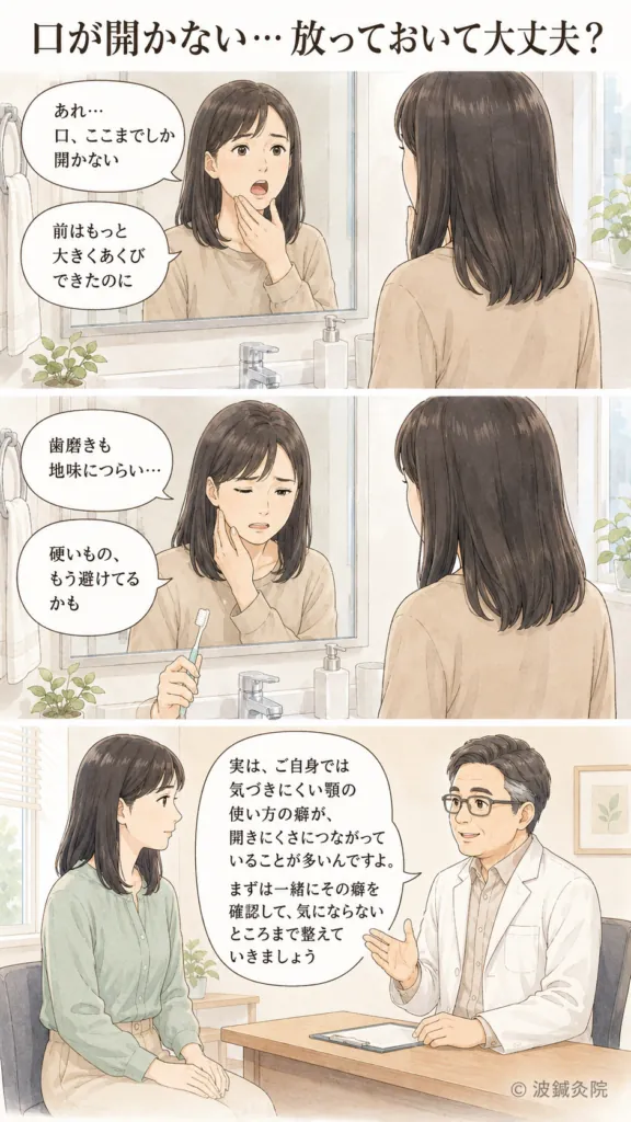 口が開きにくい悩みに気づく朝の洗面所シーンから鍼灸院への来院までを描いた縦型漫画イラスト。