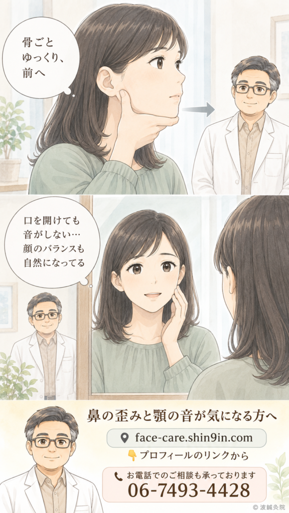 顎のバランスを整えるセルフケアの動作と施術後の変化を描いたInstagram縦型漫画。鼻の歪みと顎の音の改善がテーマ。