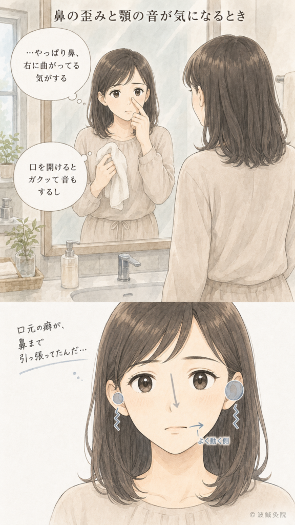鼻の歪みと顎の音に悩む女性が洗面所の鏡で気づくシーンと、口元の癖・顎関節の左右差を図解で示すInstagram縦型漫画。