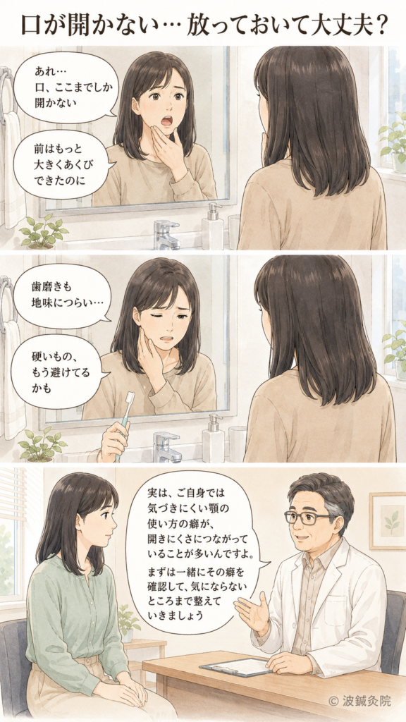 口が開きにくい悩みに気づく朝の洗面所シーンから鍼灸院への来院までを描いた縦型漫画イラスト。