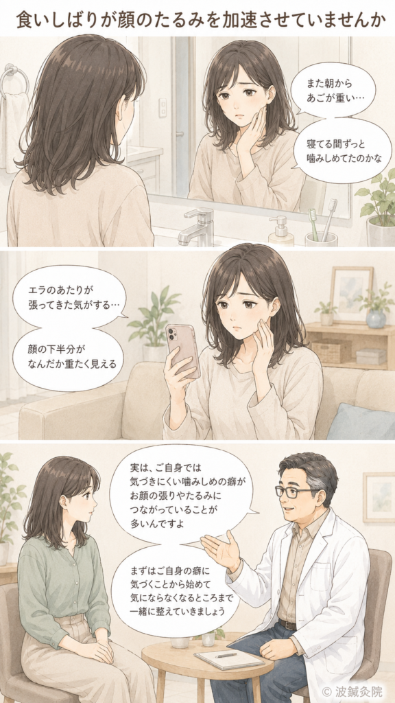 食いしばりによる顔のたるみに悩む女性が朝の洗面所であごの重さに気づき、来院して相談する流れを描いた縦型漫画。