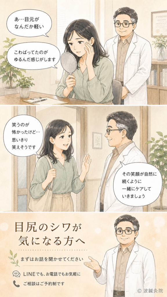 目元のこわばりがゆるんだことを確認し、自然な笑顔を取り戻していく30代女性と施術者の2コマ漫画。目尻のシワが気になる方へ向けたご案内を添えている。