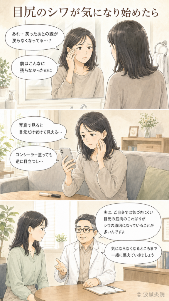 目尻のシワが気になる方へ向けた、美容鍼灸院からのご案内画像。プロフィールのリンクとお電話でのご相談方法を紹介し、波鍼灸院のロゴを添えている。